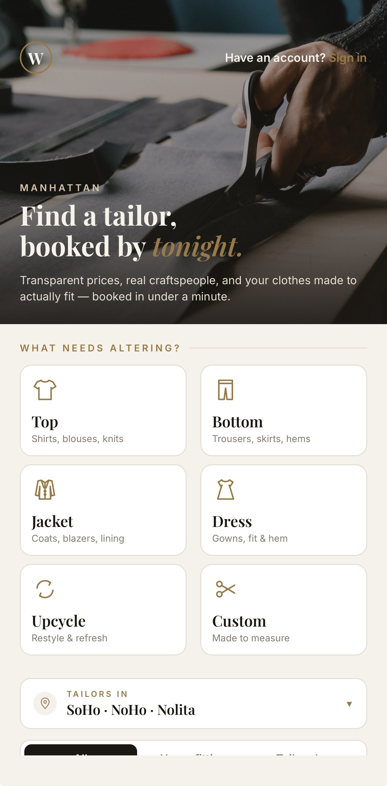 Whipstitch app — find a tailor, booked by tonight